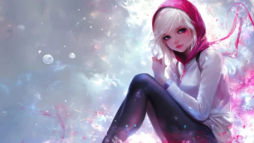 Starlit hoodie girl adrift in soft nebula sparkles.