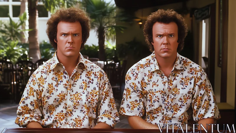 Symmetrical twin men in floral shirts at indoor cafe table