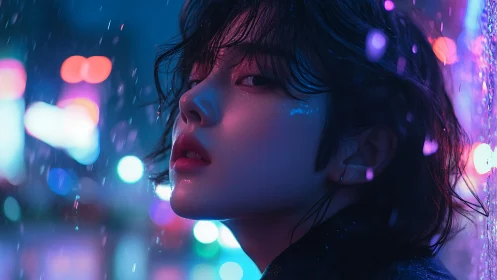 Neon-soaked portrait of youth in luminous urban rainstorm.