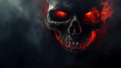 Digital skull rendering shows red internal glow and dark smoke