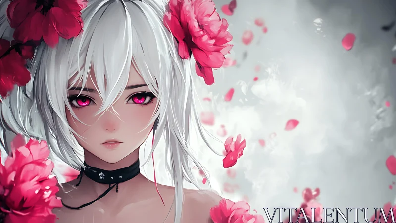 Soft-eyed anime girl framed by vivid pink blossoms.