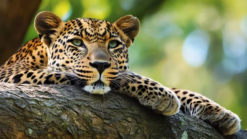 Photorealistic leopard portrait in arboreal resting pose.
