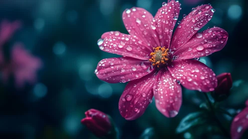 Pink cosmos flower with water droplets photographed in detail