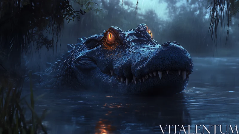 Bioluminescent-eyed crocodile surfaces in rain-soaked swamp at dusk