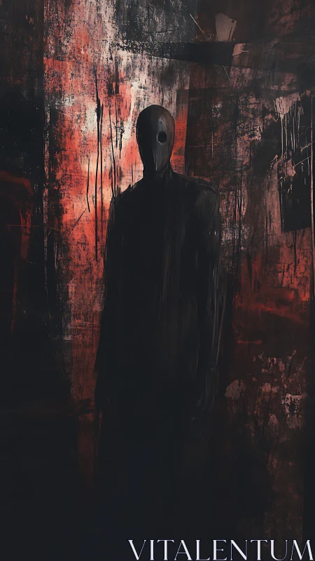 Silhouetted humanoid figure before textured red wall.