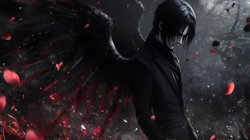 Fallen angel in black suit amid crimson feather storm.