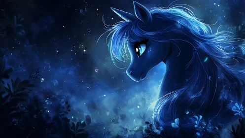 Luminous blue unicorn profile in ethereal night forest.