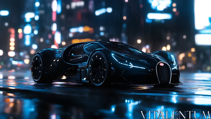 Futuristic black hypercar on wet neon city street at night.