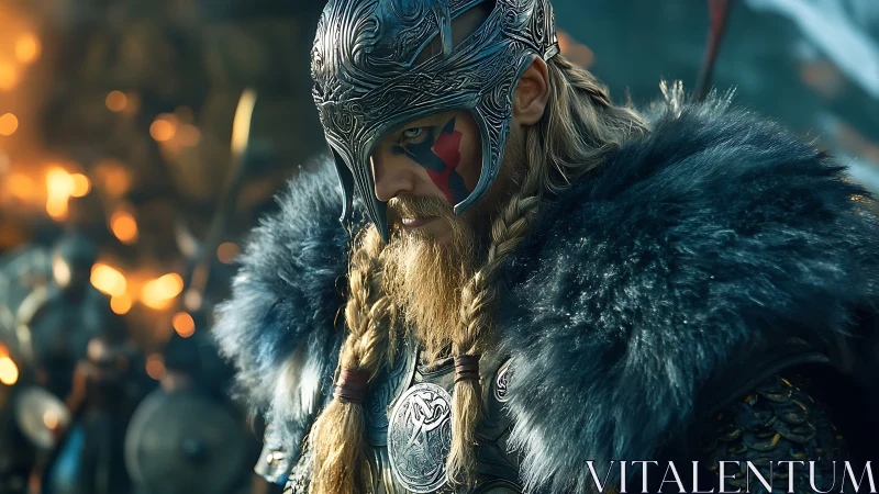 Armored Viking warrior in fur cloak on fiery battlefield.