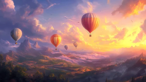 Hot air balloons over layered mountains at sunrise.