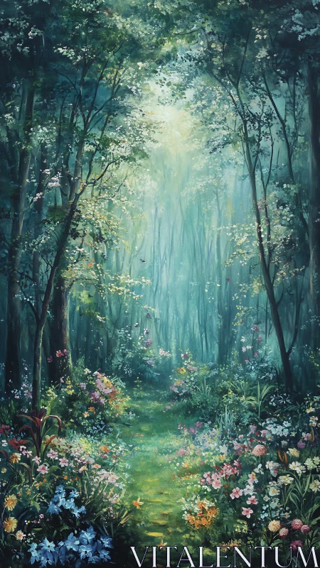 Forest Path with Flowering Understory.