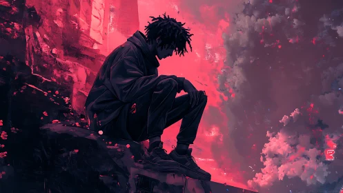 Silhouetted dreamer leans into a neon storm of restless sky