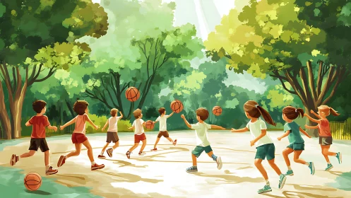 Children play basketball under dappled forest sunlight