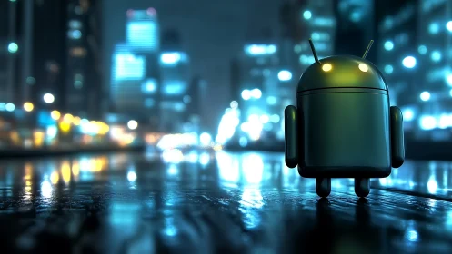 Friendly little android exploring a glowing city night.