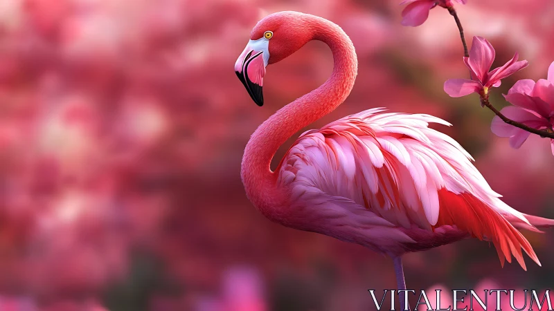 Graceful pink flamingo poised among dreamy blossoms.