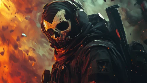 Tactical skull-masked operative in inferno-lit combat zone.