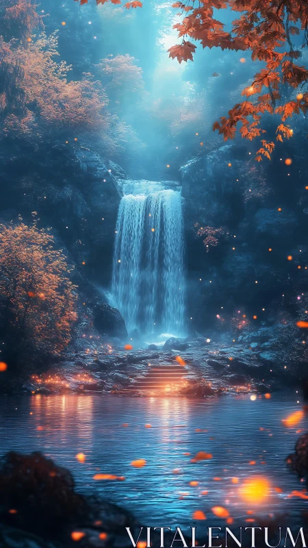 Vertical artwork shows illuminated waterfall in dense forest