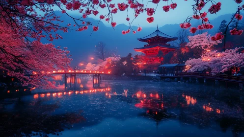 Neon-lit pagoda and sakura bridge reflected in dusk lagoon