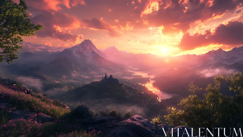 Sunset river braids through a misty kingdom of violet peaks