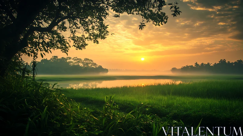 Golden sunrise glows over misty lakeside rice fields