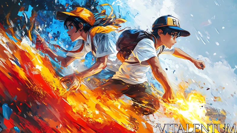 Dynamic twin runners generate fiery energy amid abstract motion