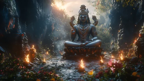 3D-rendered Shiva sanctuary with atmospheric ritual lighting.