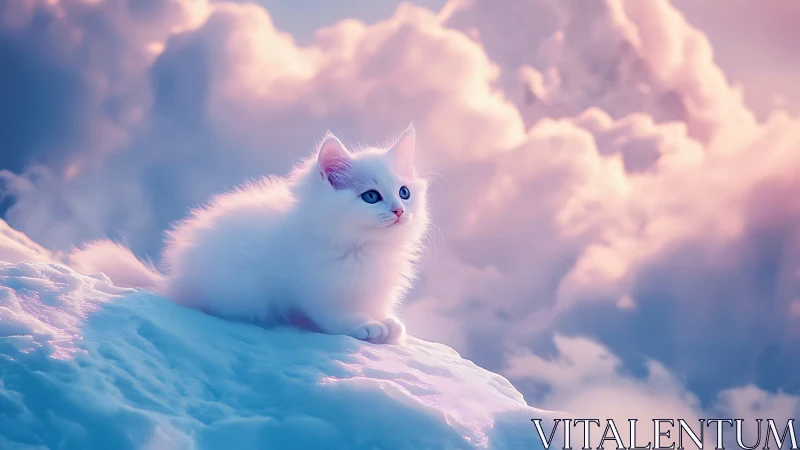 Ethereal White Feline Resting on Luminous Cloud Formation.