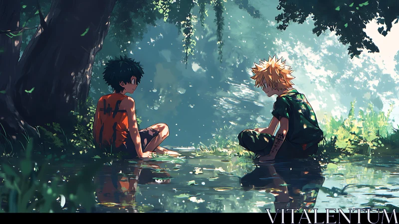 Anime forest pool dialogue with reflective lighting composition.