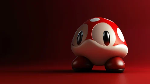 Glossy red mushroom character on dramatic crimson stage.
