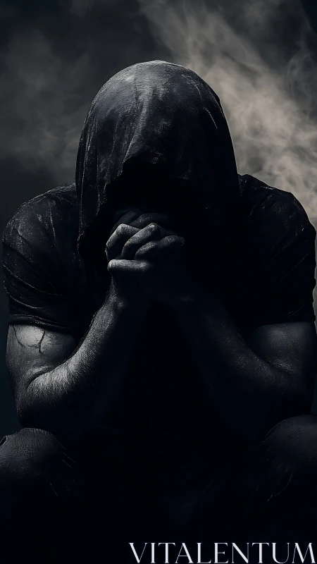 Hooded figure resting in shadow, wrapped in quiet emotion.