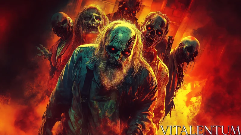 Burning corridor zombies advance through saturated infernal backlight