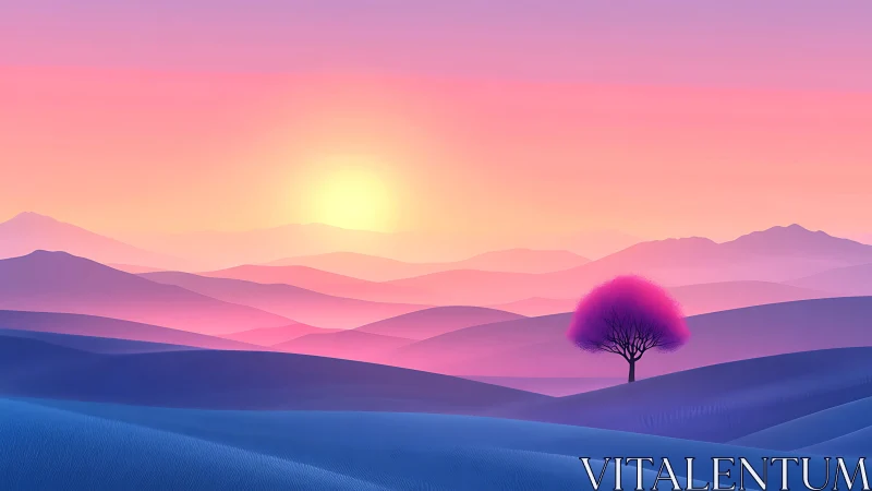 Solitary pink tree dreaming over neon twilight hills.