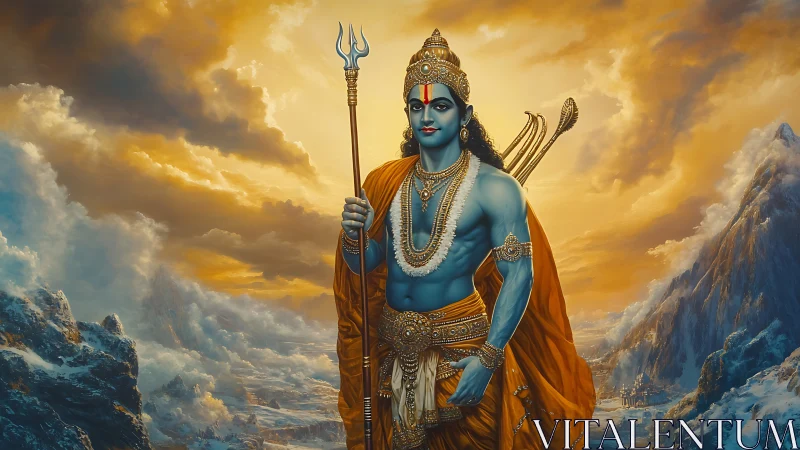 Divine warrior deity in luminous Himalayan vista composition.