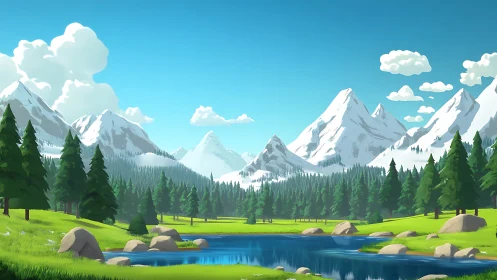 Snowy mountain range above pine forest and calm river.