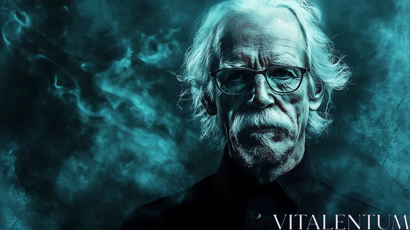Cyan-lit aged scholar in atmospheric digital portraiture.