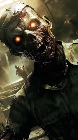 Glowing-eyed zombie lunges forward in a decayed war zone