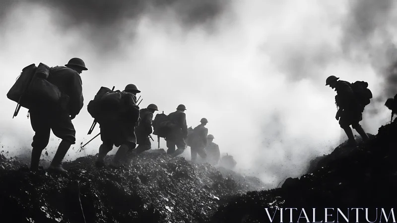 World War I soldiers advancing through smoke in trench landscape.
