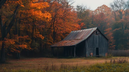Weathered barn framed by dense autumn foliage in soft haze