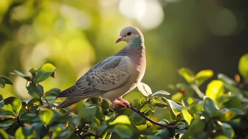 Softly Lit Dove Perched on Leafy Branch in Natural Setting.