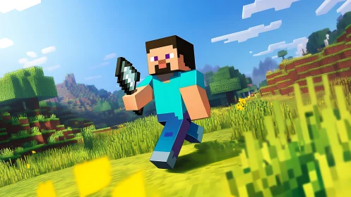 Blocky game hero runs through vibrant pixel meadow.