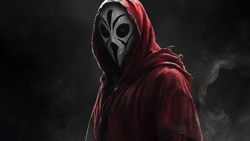 Hooded masked figure stands in smoke filled dark void