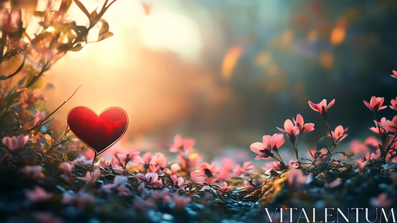 Red Heart Among Pink Flowers in Golden Sunlight