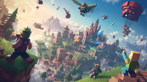 Voxel fantasy sky city under siege with airships and warriors