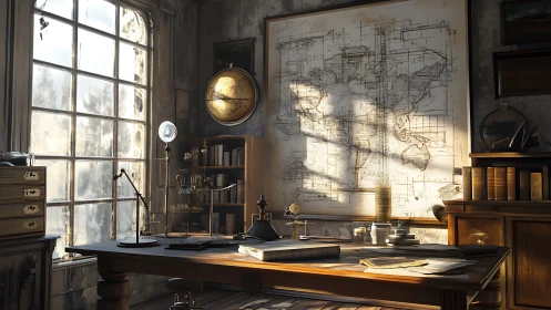 Sunlit vintage cartography studio captures scholarly quiet