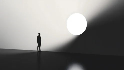 Stark silhouette observing luminous sphere in voided space.
