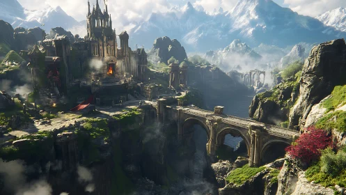 Epic stone fortress and bridge in misty mountain valley.