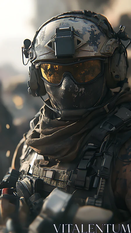 Futuristic tactical soldier with helmet and combat gear.