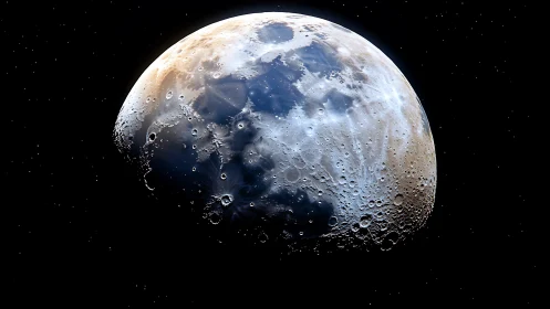 Lunar surface close-up under high-contrast telescopic lighting.