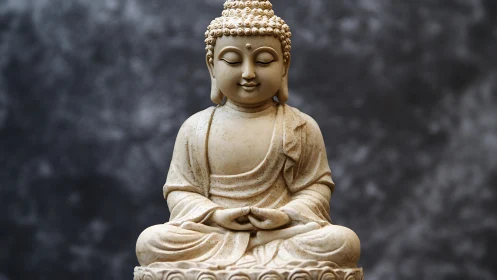 Serene Buddha statue in calm meditation against gray backdrop.