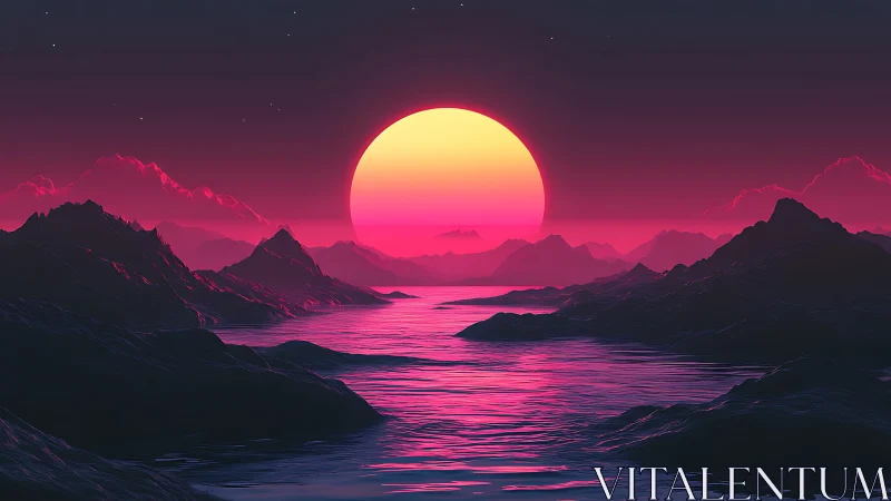 Neon horizon sun melting over synthwave crystal waters.